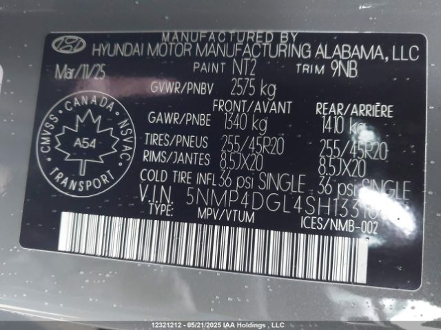 5NMP4DGL4SH133180 Hyundai Santa Fe Limited