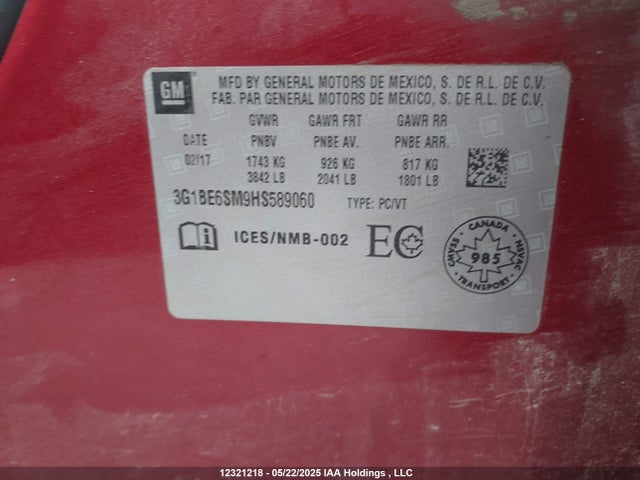 3G1BE6SM9HS589060 Chevrolet le2 -di: direct injection, vvt: variable valve timing, gen, alum