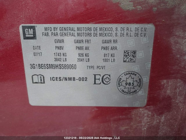 3G1BE6SM9HS589060 Chevrolet le2 -di: direct injection, vvt: variable valve timing, gen, alum