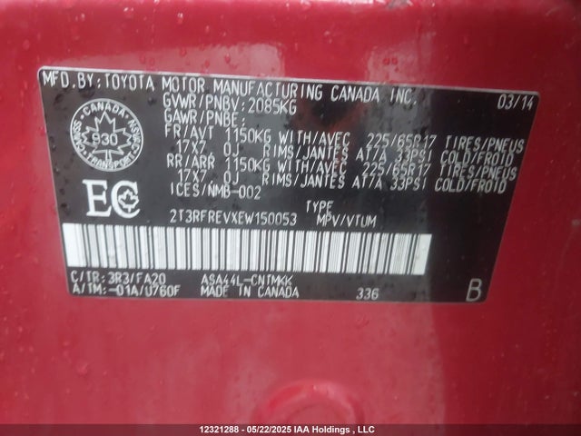 2T3RFREVXEW150053 Toyota 2ar-fe