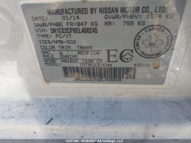 3N1CE2CP8EL408245 Nissan Versa Note 1.6 S/1.6 Sl/1.6 Sv