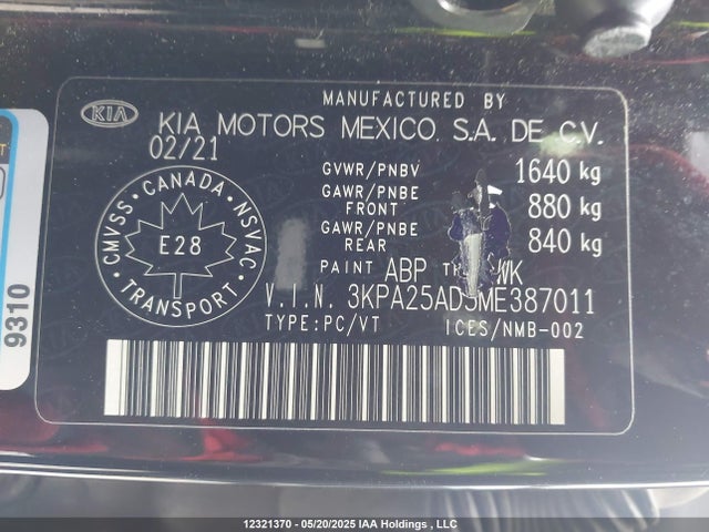 3KPA25AD5ME387011 KIA RIO S