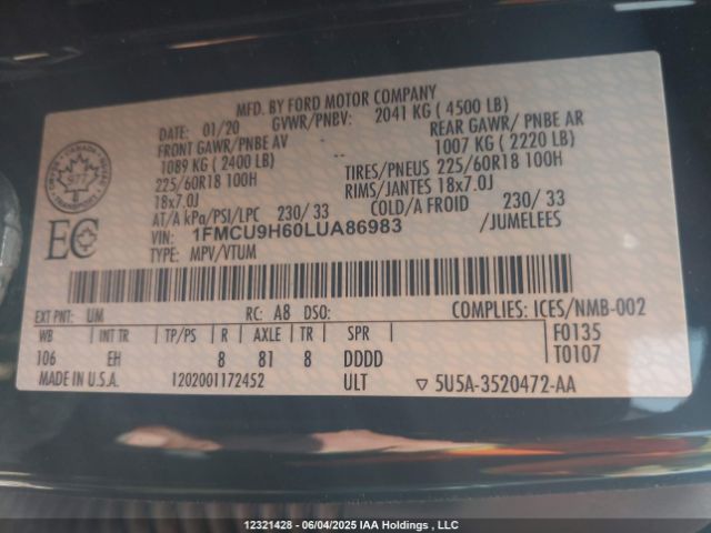 1FMCU9H60LUA86983 Ford Escape