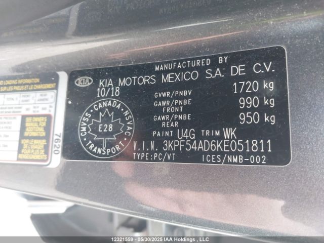 3KPF54AD6KE051811 KIA FORTE EX
