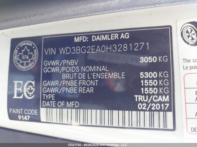 2017 Mercedes-benz Metris მანქანა იყიდება აუქციონზე, vin: WD3BG2EA0H3281271, აუქციონის ნომერი: 12321702