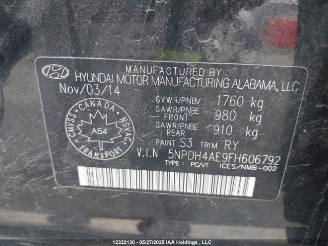 5NPDH4AE9FH606792 Hyundai ELANTRA GL