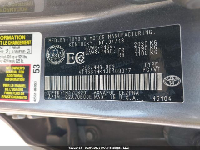 4T1B61HK1JU109317 Toyota CAMRY XSE