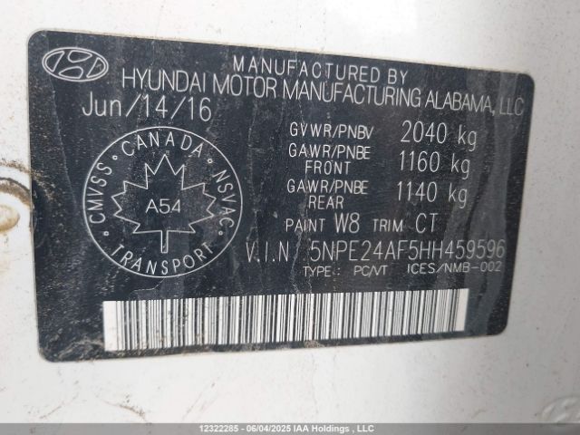 5NPE24AF5HH459596 Hyundai SONATA SE