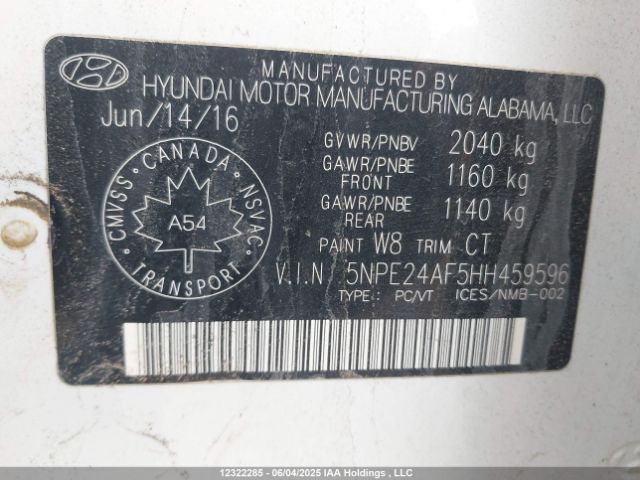 5NPE24AF5HH459596 Hyundai SONATA SE