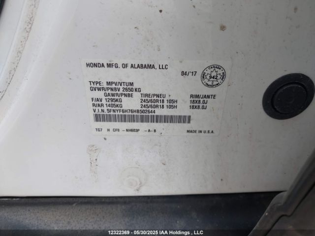 5FNYF6H76HB502644 Honda Pilot
