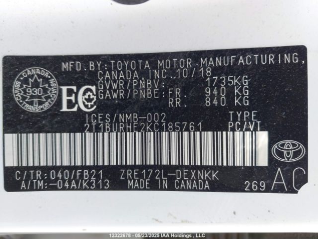 2T1BURHE2KC185761 Toyota Corolla L/le/xle/se/xse
