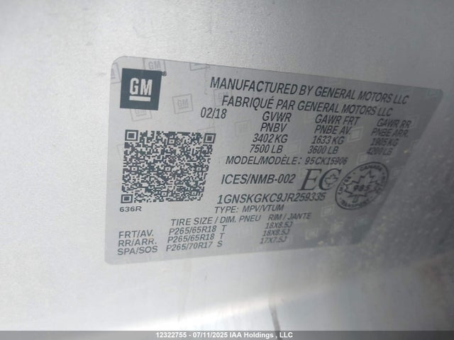 1GNSKGKC9JR259335 Chevrolet l83 - sidi: spark ignited direct injection, vvt: variable valve timing, afm, e85 max, alum