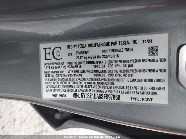 5YJ3E1EA8SF897868 Tesla MODEL 3