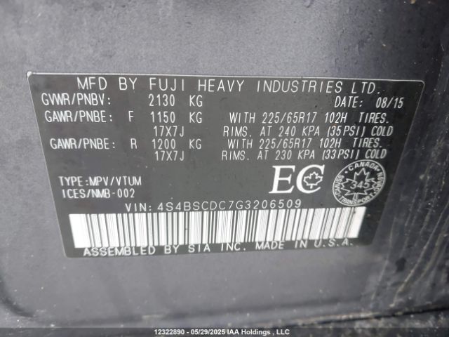4S4BSCDC7G3206509 Subaru Outback 2.5i Touring Package