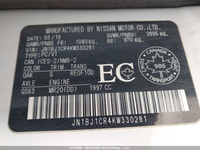 JN1BJ1CR4KW330281 Nissan Qashqai S/sl/sv