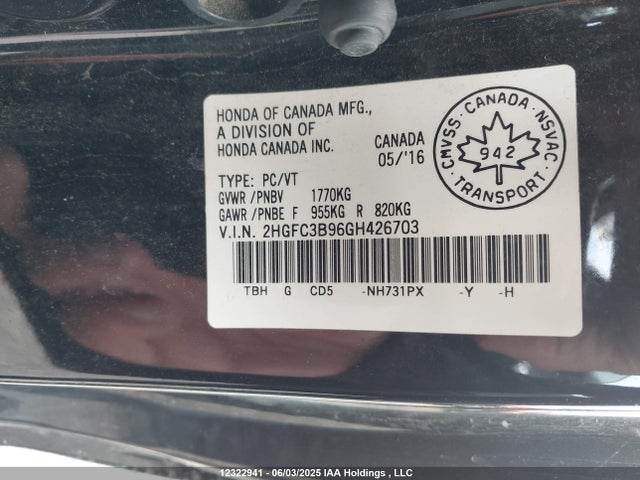 12322941 :رقم المزاد ، 2HGFC3B96GH426703 vin ، 2016 Honda Civic Touring مزاد بيع