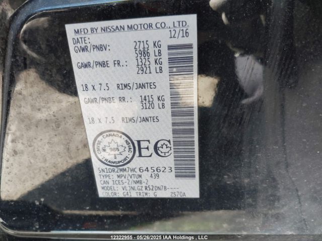 5N1DR2MM7HC645623 Nissan Pathfinder Platinum/s/sl/sv