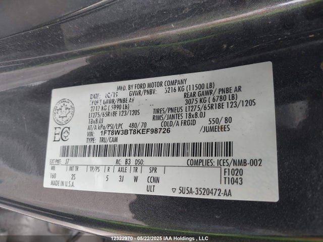 1FT8W3BT8KEF98726 Ford 2019
