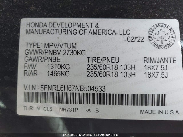 Honda j35y7 2022 5FNRL6H67NB504533 Image 9
