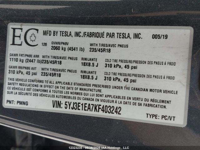 5YJ3E1EA7KF403242 Tesla MODEL 3