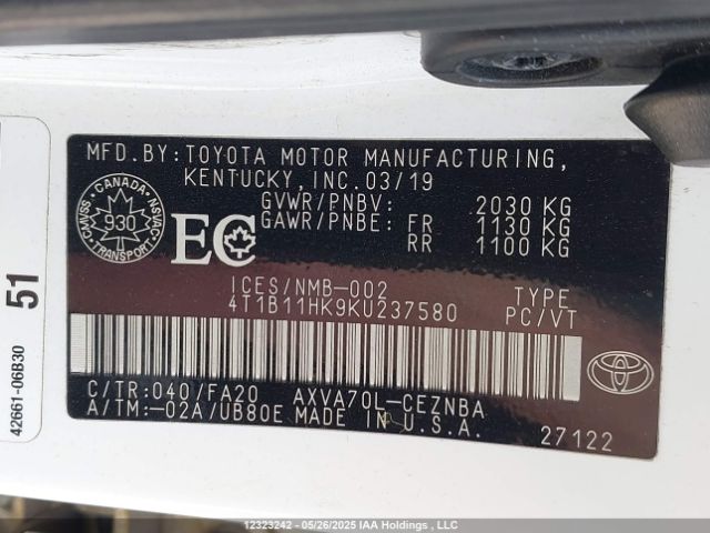 4T1B11HK9KU237580 Toyota Camry