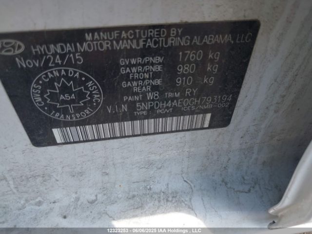 5NPDH4AE0GH793194 Hyundai dohc mpi nu