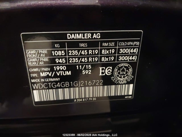 WDCTG4GB1GJ216722 Mercedes-Benz 270