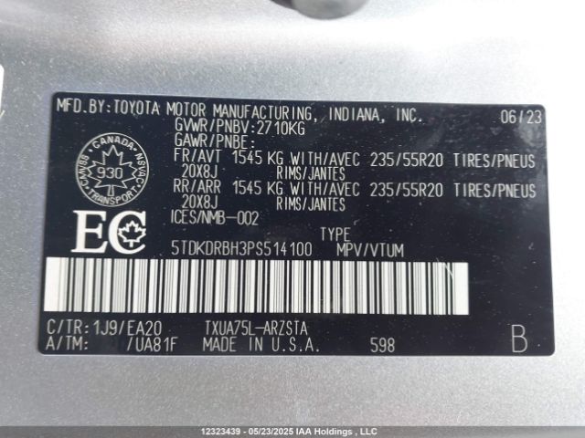 5TDKDRBH3PS514100 Toyota Highlander L/le/xle/limited/platinum/xse