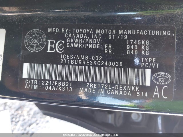 2T1BURHE3KC240038 Toyota 2zr-fe