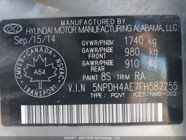 5NPDH4AE7FH587255 Hyundai Elantra Se/sport/limited