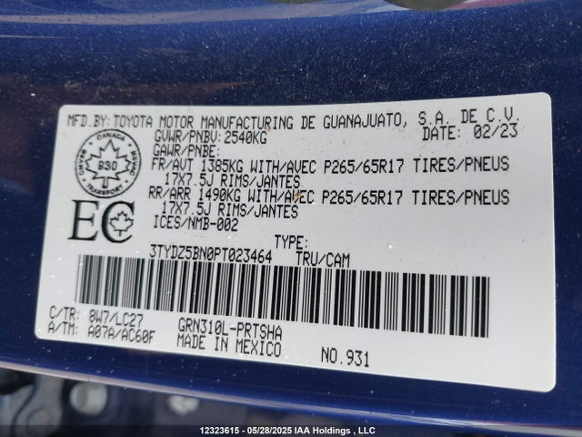 12323615 :رقم المزاد ، 3TYDZ5BN0PT023464 vin ، 2023 Toyota Tacoma مزاد بيع