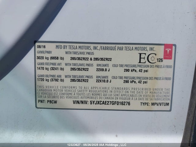 5YJXCAE27GF016276 Tesla MODEL X