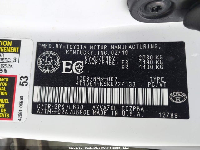 4T1B61HK9KU227133 Toyota CAMRY XSE