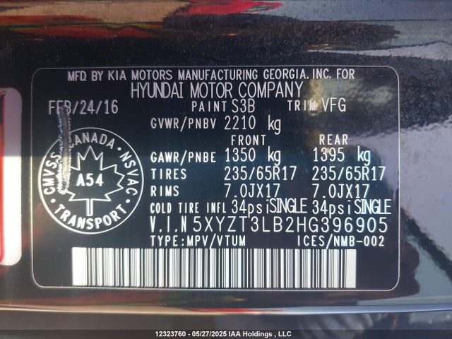 5XYZT3LB2HG396905 Hyundai gdi theta ii