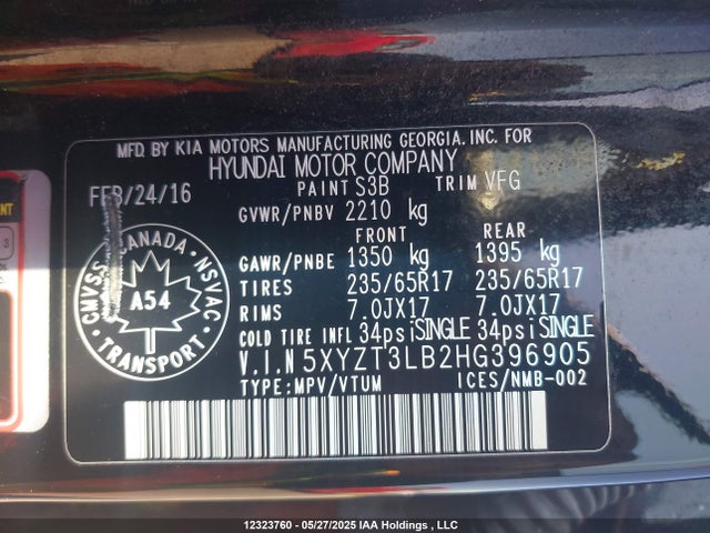 5XYZT3LB2HG396905 Hyundai gdi theta ii