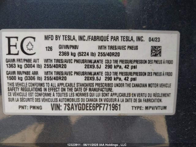 7SAYGDEE6PF771961 Tesla Model Y