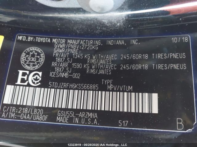 5TDJZRFH6KS566885 Toyota 2gr-fks