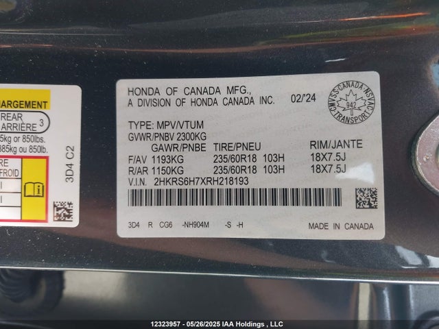 Продаж на аукціоні авто 2024 Honda Cr-v Exl, vin: 2HKRS6H7XRH218193, номер лоту: 12323957