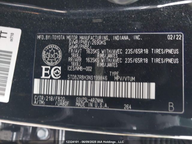 5TDBZRBH3NS199846 Toyota 2gr-fks