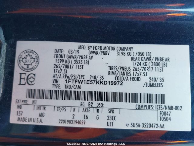 1FTFW1E57KKD19972 Ford F150 Supercrew
