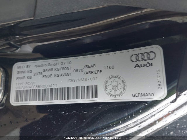 2011 Audi R8 5.2 Quattro მანქანა იყიდება აუქციონზე, vin: WUAVNAFG8BN000421, აუქციონის ნომერი: 12324221