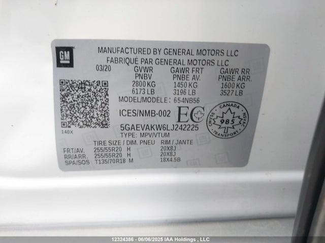 5GAEVAKW6LJ242225 Buick lfy - spark ignited direct injection, atss, gen1