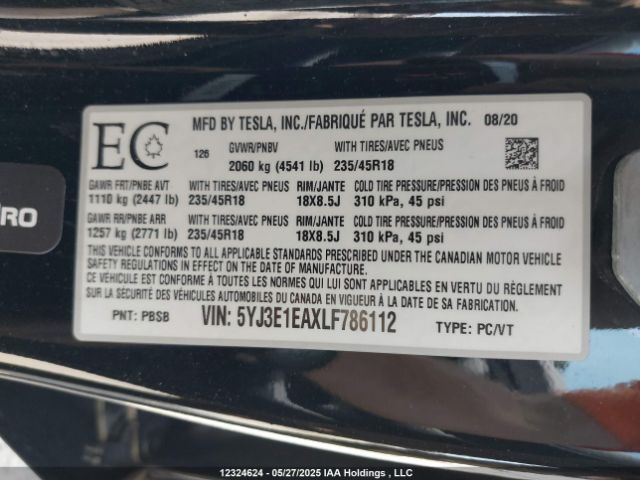 5YJ3E1EAXLF786112 Tesla MODEL 3