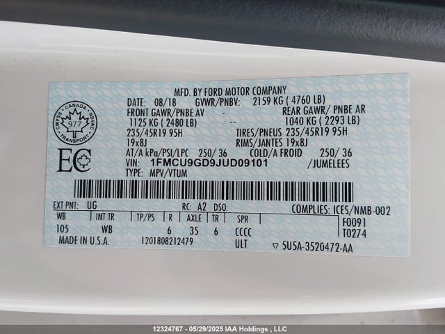1FMCU9GD9JUD09101 Ford 1.5l gtdi sigma w/premium fuel