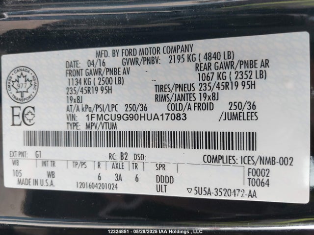 1FMCU9G90HUA17083 Ford ESCAPE SE