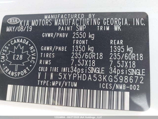 KIA gdi lambda-ii 2019 5XYPHDA53KG598672 Image 9