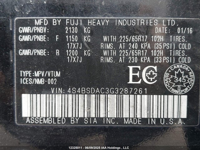 Subaru 2.5l c5 2016 4S4BSDAC3G3287261 Image 8