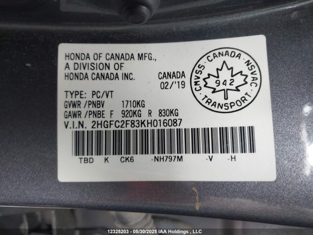 Продажа на аукционе авто 2019 Honda Civic Sport, vin: 2HGFC2F83KH016087, номер лота: 12325203