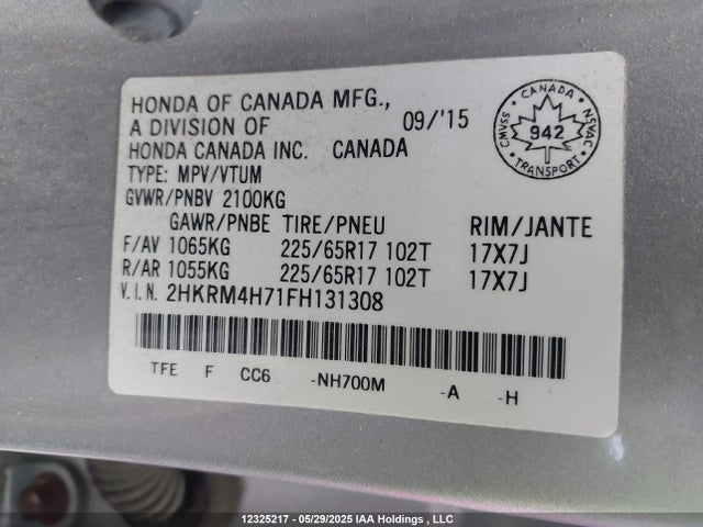2HKRM4H71FH131308 Honda Cr-v Ex-l