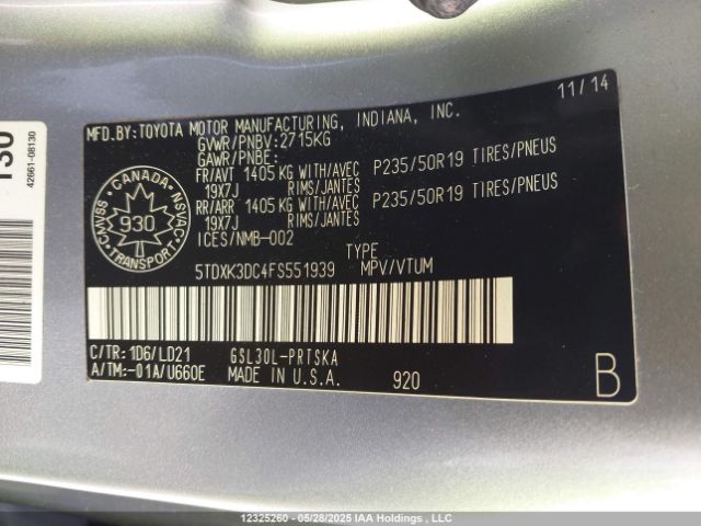 5TDXK3DC4FS551939 Toyota Sienna Se 8 Passenger